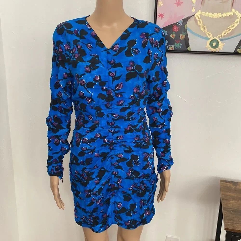 Zara Draped Blue Floral Ruched Mini Dress Womens Size Medium